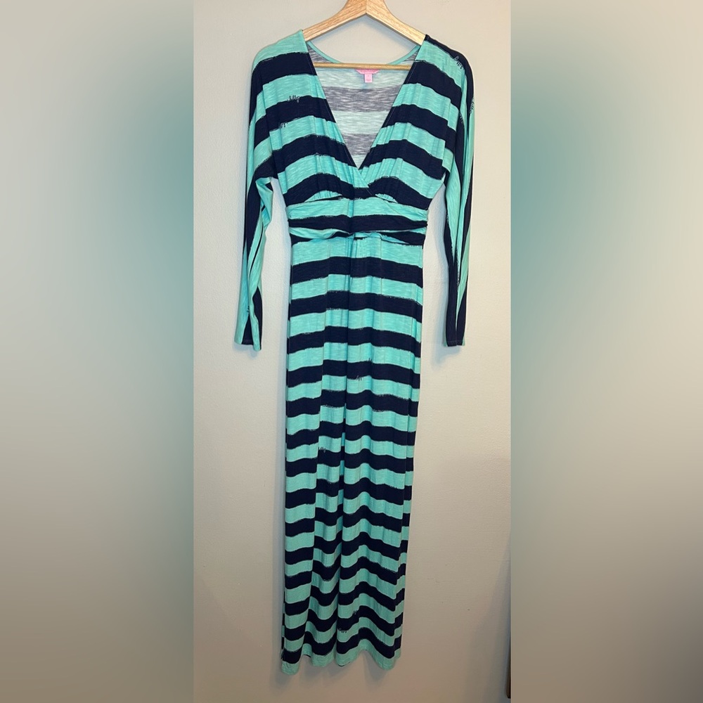 Lilly Pulitzer Women's Striped Turquoise and Navy Blue Side Slit Maxi Dress